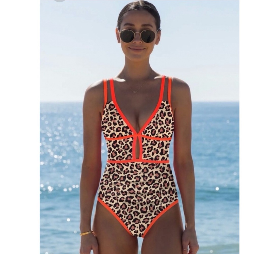 Popvil Leopard Print One Piece Tummy Control Swimsuit Neon Orange Trim L NWT
